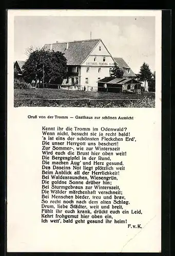 AK Waldmichelbach /Tromm, Gasthaus-Pension zur schönen Aussicht V. Keil, Gedicht