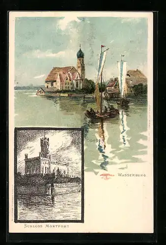 Künstler-AK Carl Biese: Wasserburg, Ortsansicht vom Wasser, Schloss Montfort