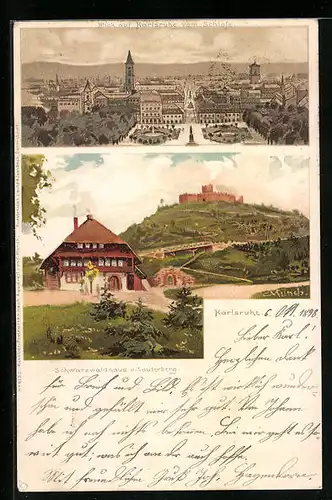 Künstler-AK Carl Münch: Karlsruhe, Schwarzwaldhaus und Lauterberg, Ortsansicht vom Schloss