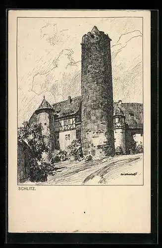 Künstler-AK Otto Ubbelohde: Schlitz /Hessen, Schlossturm