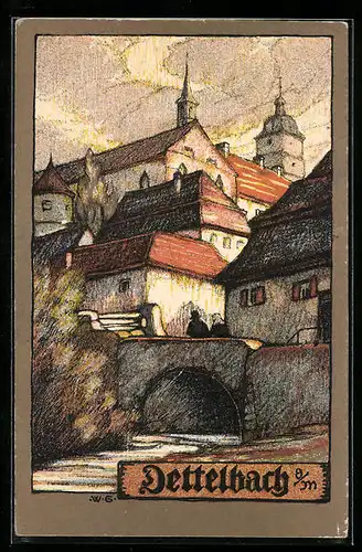 Künstler-AK Dettelbach, Flusspartie mit Brücke