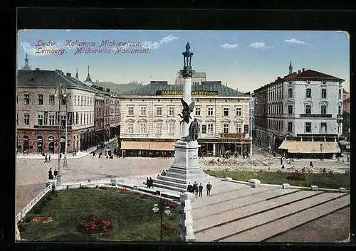 AK Lemberg, Mickiewicz-Monument mit Blick auf Strasse