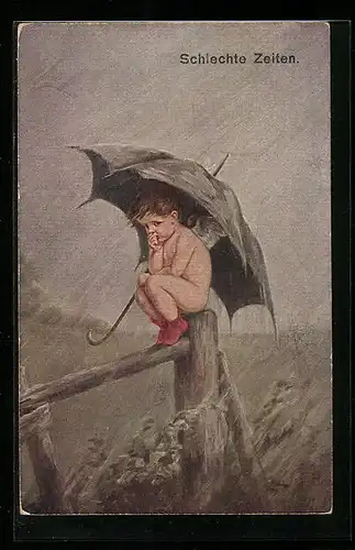 AK Schlechte Zeiten, Nacktes Kind mit Schirm bei Regen, Meteorologie, Amor