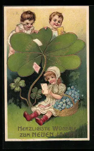 AK Kinder mit Kleeblatt zum neuen Jahre