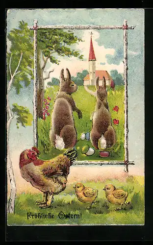 AK Fröhliche Ostern!, Osterhasen, Henne und Küken