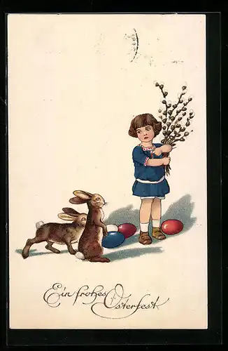 AK Mädchen mit Osterhasen