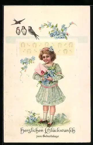 AK Mädchen mit Brief und Hufeisen zum Geburtstag