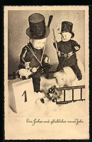 AK Schornsteinfeger mit Kalenderblatt und Glücksschwein