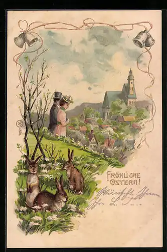 AK Osterhasen im Grünen mit Spaziergängern