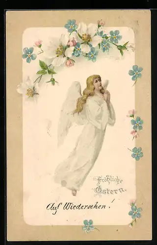 AK Betender Osterengel mit Blüten
