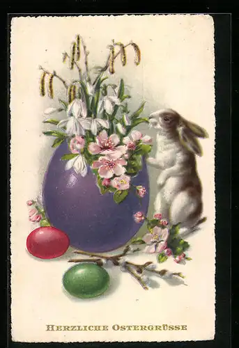AK Osterhase neben Osterei mit Wildrosen