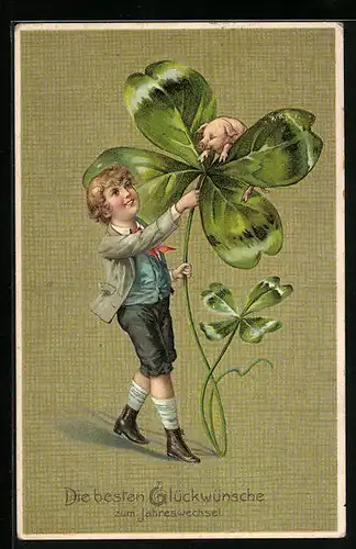 AK Junge mit Kleeblatt und Glücksschwein