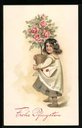 AK Mädchen mit Rosenstämmchen zu Pfingsten