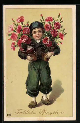 AK Junge mit Nelken zu Pfingsten
