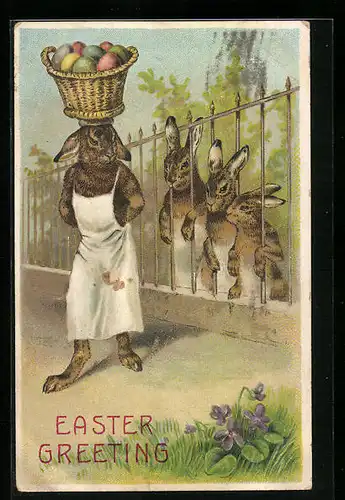 AK Osterhase mit Korb voller Ostereiern, Easter Greetings