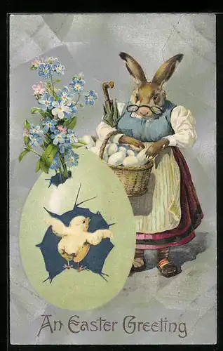 AK Grossmutter Osterhase begrüsst Osterküken