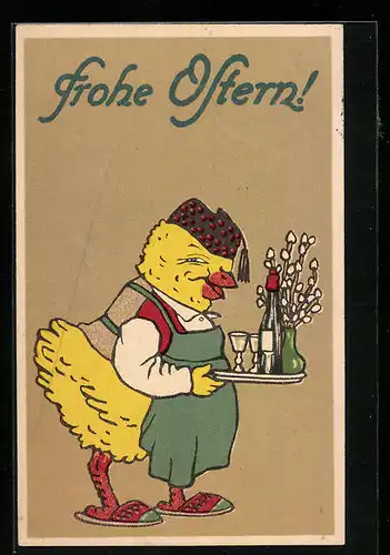 AK Osterküken serviert Getränke auf dem Tablett, Frohe Ostern