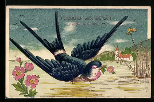 Präge-AK Fliegende Schwalbe mit Blume im Schnabel