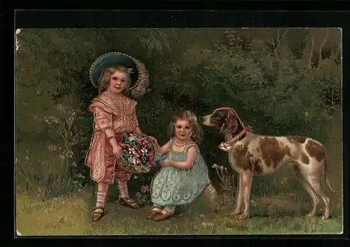 Präge-AK Zwei kleine Mädchen mit Blumenkorb und Jagdhund