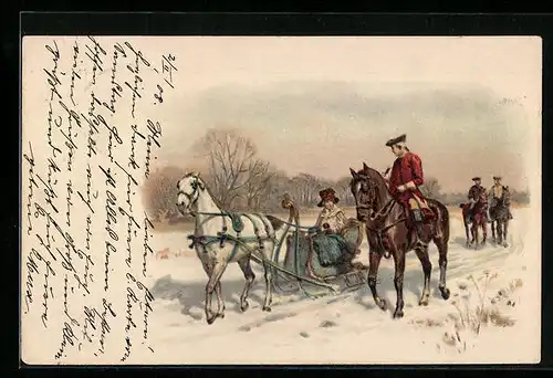 Lithographie Dame im Pferdeschlitten im Gespräch mit einem Reiter