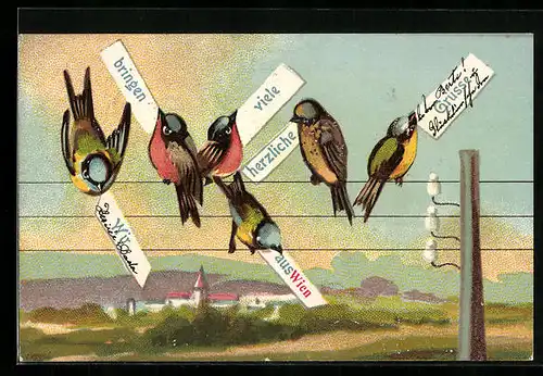 Lithographie Singvögel mit Schildern auf einer Telegraphenleitung