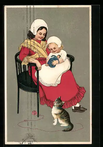 AK Zwei Mädchen mit Puppe und Katze mit Wollknäuel