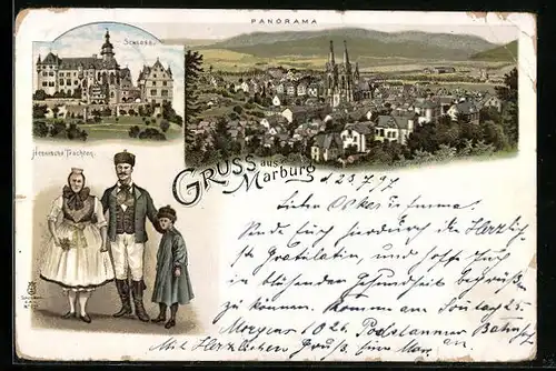 Lithographie Marburg, Schloss, Hessische Trachten, Totalansicht