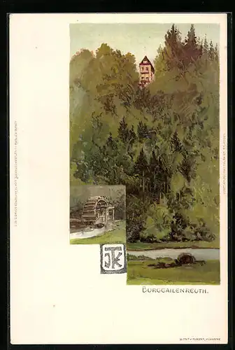 Lithographie Burggailenreuth, Mühle am Fluss