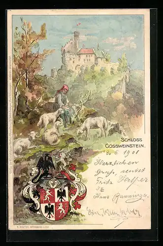 Lithographie Gössweinstein, Blick auf das Schloss, Wappen