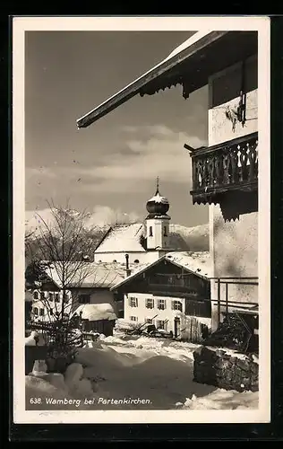 AK Wamberg bei Partenkirchen, Verschneite Häuser im Ortskern, Kirche