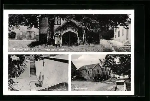 AK Guntersblum a. Rh., Altes Kellerhaus, St. Julianenbrunnen, Strasse Kellerweg