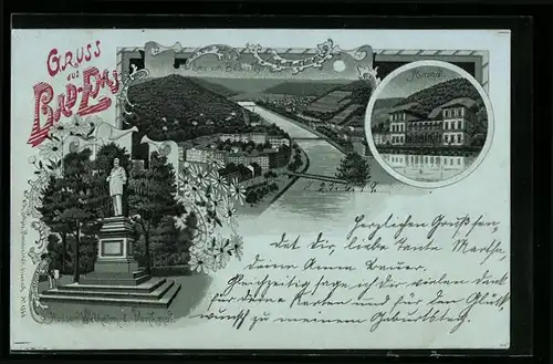 Mondschein-Lithographie Bad-Ems, Kkursaal, Kaiser Wilhelm I.-Denkmal, Teilansicht von Bäderley