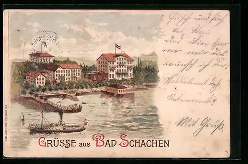 Lithographie Bad Schachen, Uferpartie mit Hotel und Dampfer