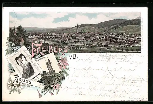 Lithographie Freiburg, i. B., Teilansicht, Hildaturm, Markgräflerin