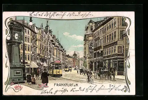 Künstler-AK Frankfurt a. M., Strassenpartie mit Geschäft und Strassenbahn