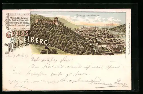Lithographie Heidelberg, Teilansicht mit Burg von der Terrasse