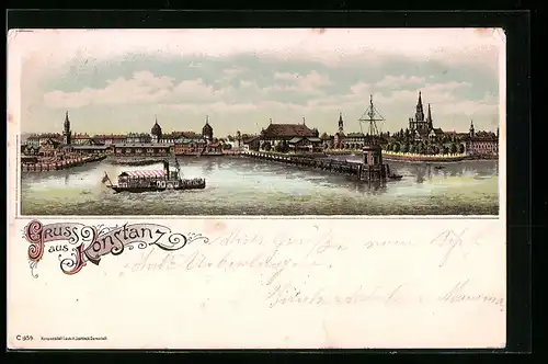 Lithographie Konstanz, Uferpartie mit Dampfer