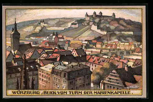 Steindruck-AK Würzburg, Blick vom Turm der Marienkapelle