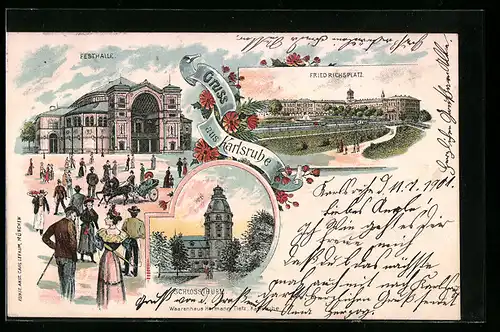 Lithographie Karlsruhe, Festhalle, Schlossturm, Friedrichsplatz