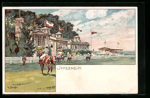 Lithographie Iffezheim, Gasthaus und Jockeys auf Pferden