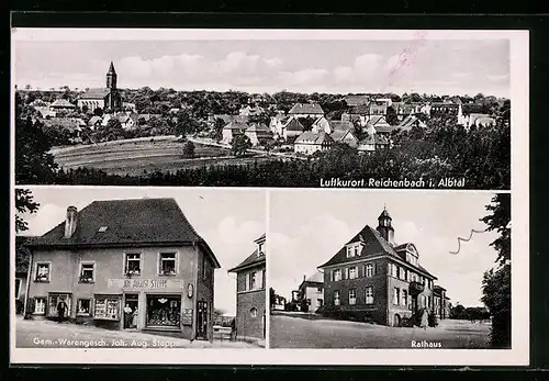 AK Reichenbach i. Albtal, Gem.- Warengeschäft Joh. Aug. Steppe, Rathaus, Gesamtansicht