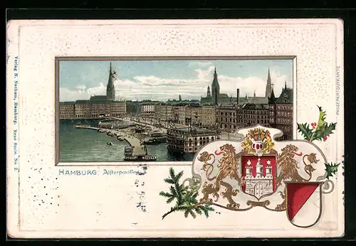 Passepartout-Lithographie Hamburg-Neustadt, Alsterpavillon mit Wappen