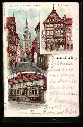Lithographie Hildesheim, Kaiserhaus, Rolandshospital, Eckemeckerstrasse mit Andreaskirchturm
