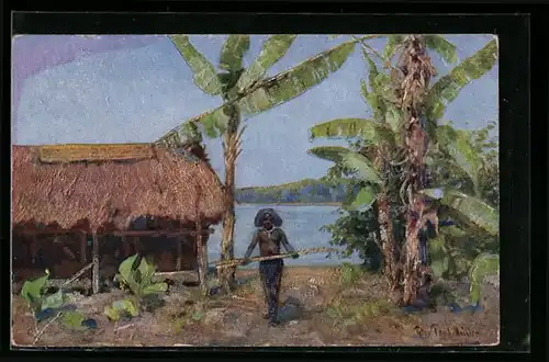 Künstler-AK sign. Paul Müller: Neuguinea, Papua vor seiner Hütte