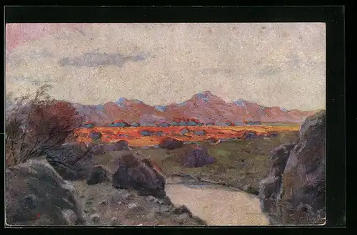 Künstler-AK sign. Paul Müller: Deutsch-Südwestafrika, Landschaft im Dämmerlicht