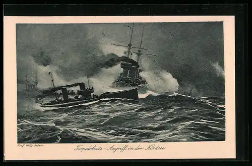 Künstler-AK Willy Stoewer: Torpedoboots-Angriff in der Nordsee