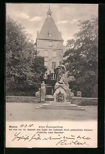 AK Moers, Altes Grafenschloss mit Denkmal der Kurfürstin Luise Henriette