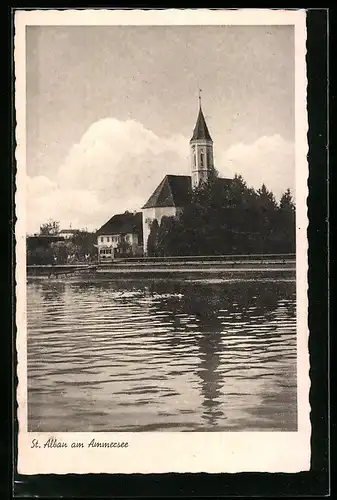 AK St. Alban am Ammersee, Uferpartie mit Kirche