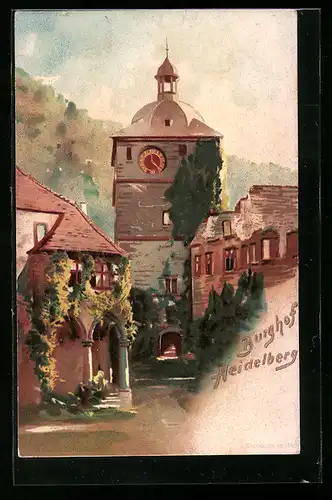 Lithographie Heidelberg, Partie am Burghof