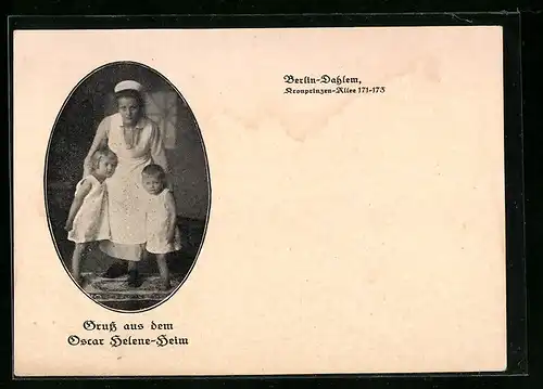 AK Berlin-Dahlem, Oscar Helene-Heim, Kronprinzen-Allee 171-173, Krankenschwester mit Kindern